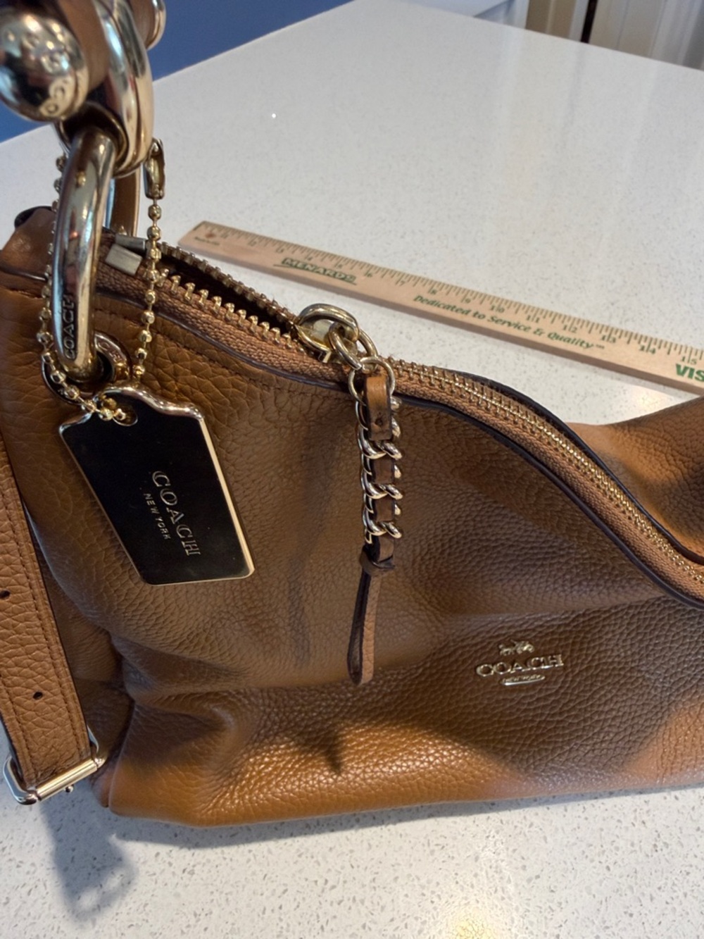 Carmel colored soft leather Coach purse with key chain - Picture 3 of 12